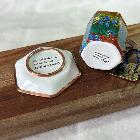 iris tea cup saucer hand painted enamel gold metal hang tag numbered edition - Picture 6 of 16